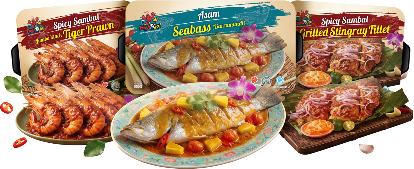 Spicy Sambal Jumbo Black Tiger Prawn, Asam Seabass and Spicy Sambal Grilled Stingray Fillet packs